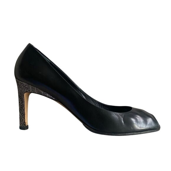 Max Mara Open Peep Toe Dressy Pumps 9.5 EU 40 Black Leather Heel 3” Made Italy - Picture 3 of 12